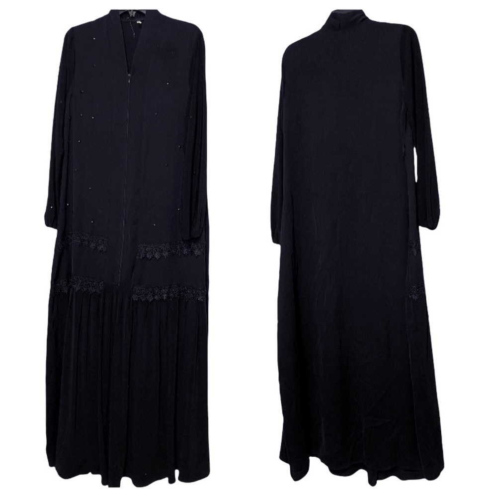 Vintage Handmade Embroidered Beaded Front Zip Black Long Dress Size One Size